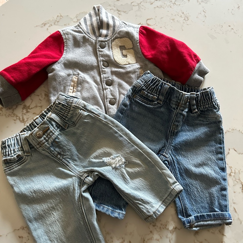 Gray and Red Varsity Jacket with Denim Jeans Set